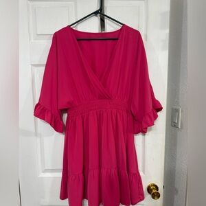 Amazon Pink Midi Dress with Ruffled Sleeves